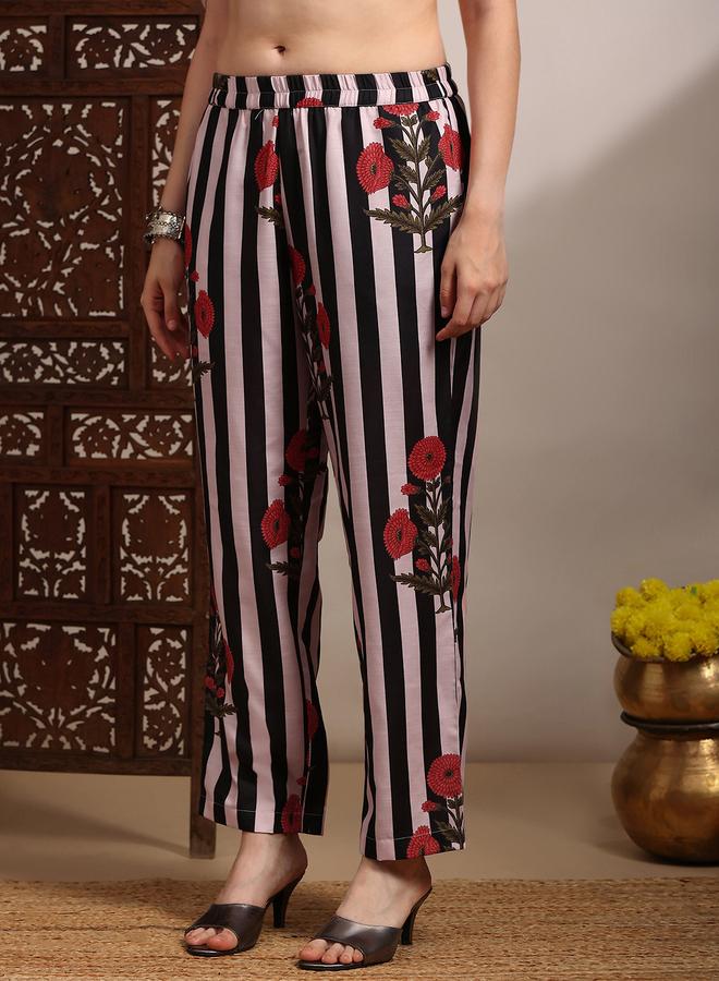 globus Women Black Floral Stripes Straight Kurta and Pant Set - Image 4